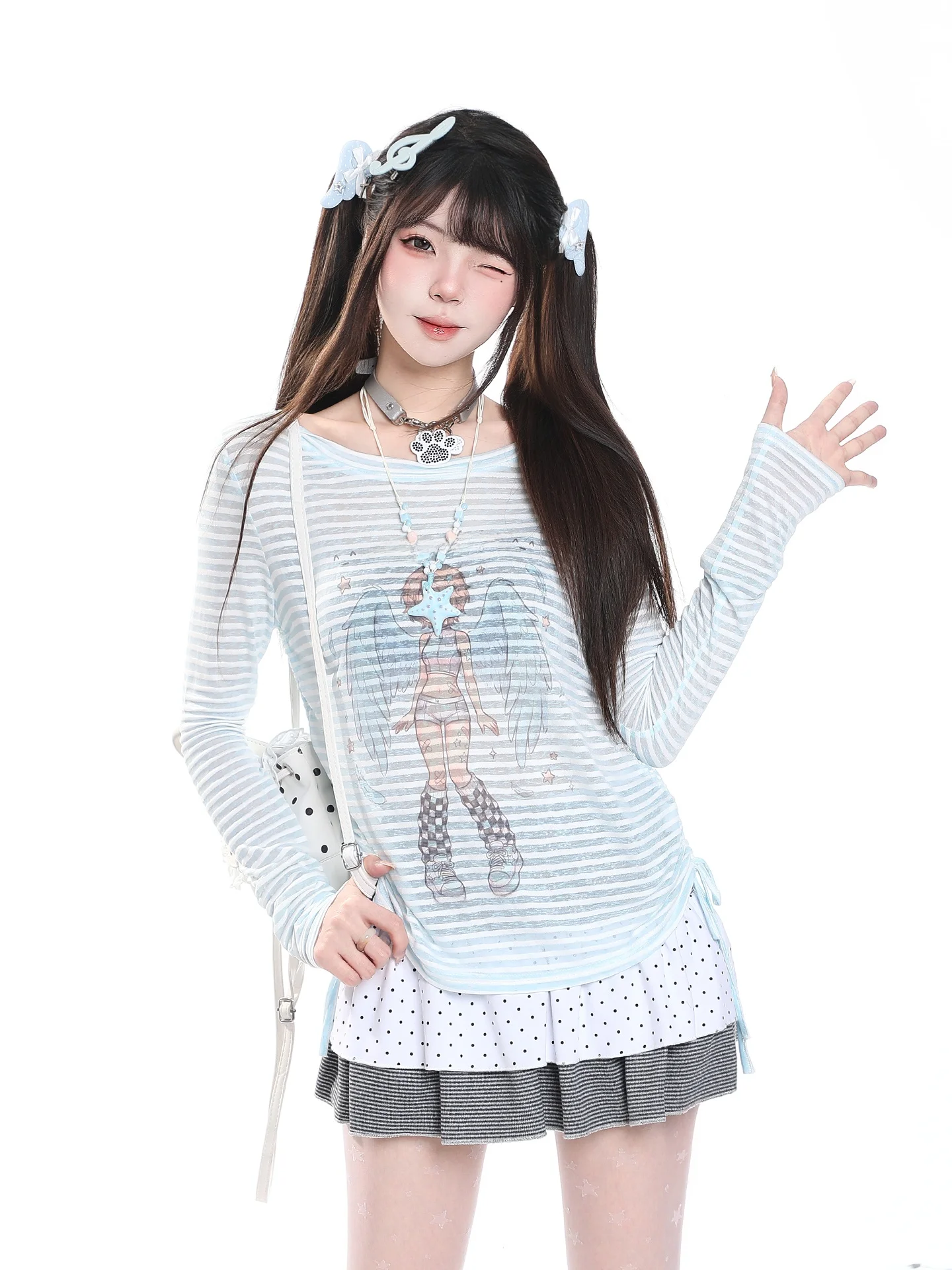 Angel Print Striped Long Sleeve T-Shirt Women's Loose Lazy Style Waist-Cinching Top Korean Style Summer Cotton Crew Neck