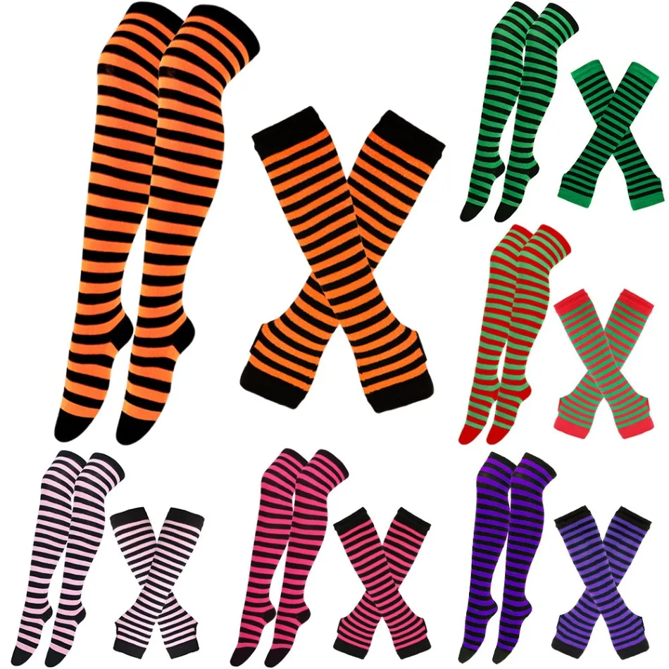 2Pair/Set Women Gothic Punk Over Knee Long Stripe Socks Girl Arm Sleeve Gloves Thigh High Cotton Socks Sweet Cute Christmas Gift