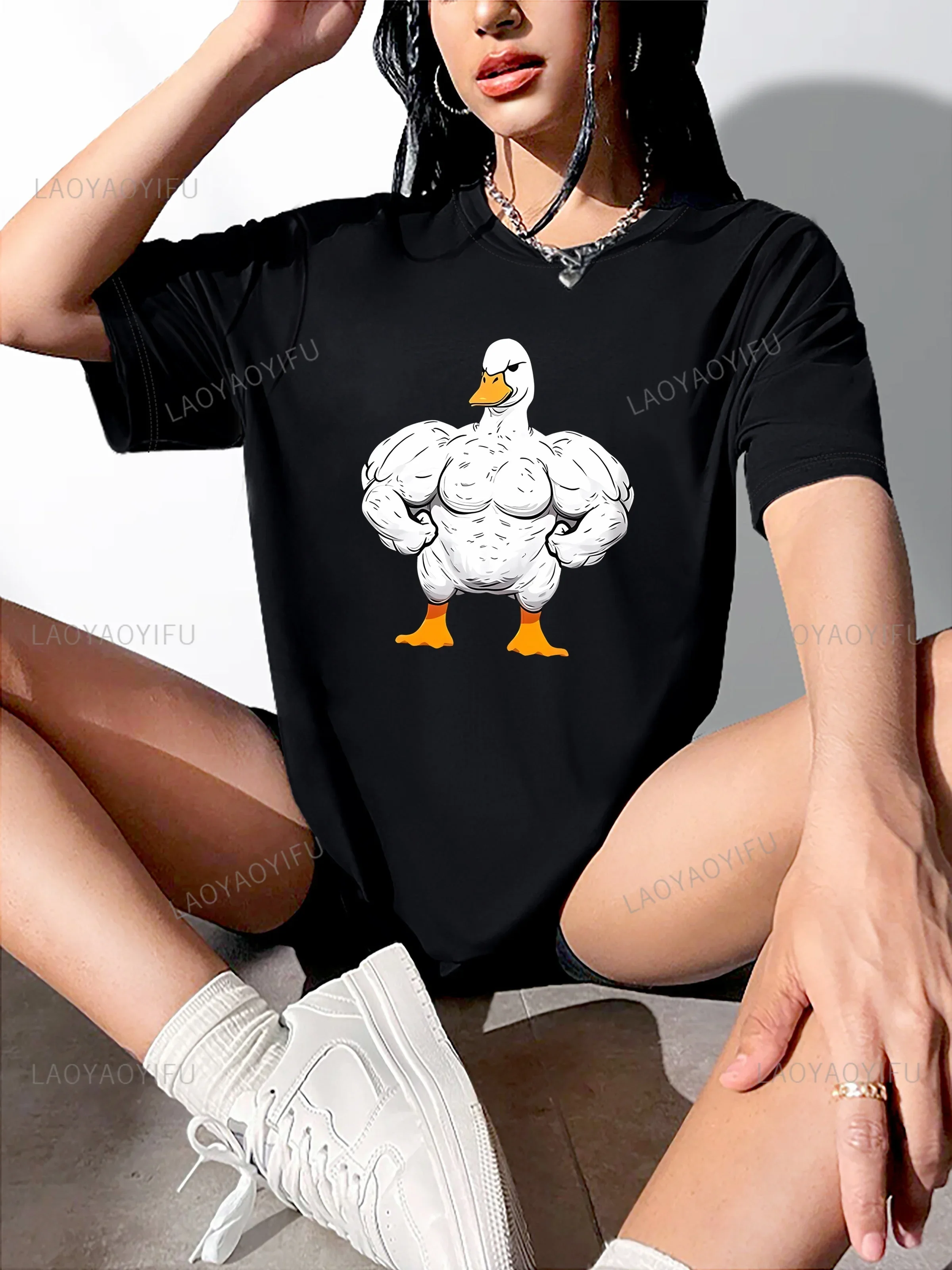 

Funny Duck Print Casual Sports Printed T-shirt Woman Cotton Round Neck Running Fitness Short Sleeves Tops Women's Activewear
