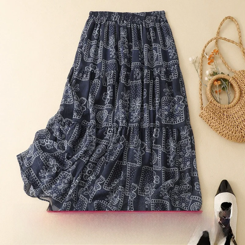 

Новая летняя женская юбка А-силуэта с высокой талией, с цветочным принтом, свободного кроя, средней длины, расклешенная, из смесового хлопка