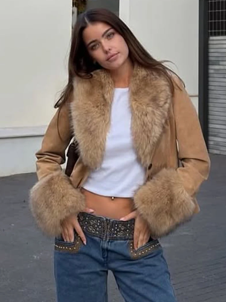 Trendix فو الفراء طوق سترة قصيرة للنساء جيب المرقعة الشتاء معاطف طويلة الأكمام التنقل خمر معطف السترة عادية