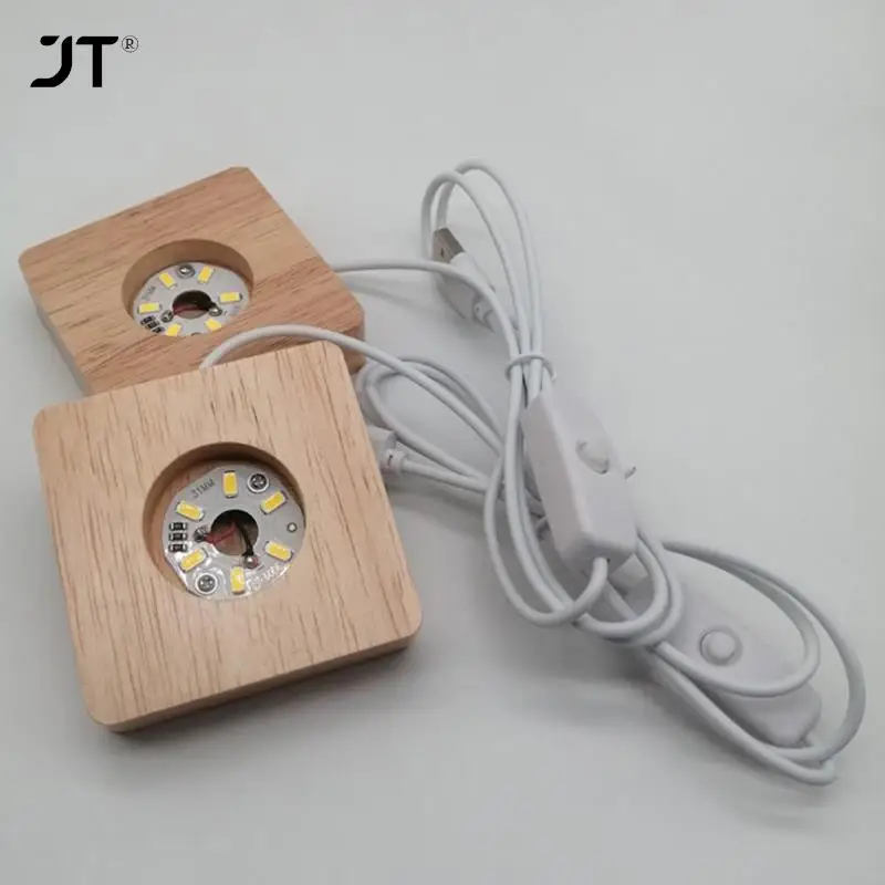 7cm Square Wood LED Light Dispaly Base Crystal Glass Resin Art Ornament Wooden Night Lamp Base LED Light Rotating Display Stand