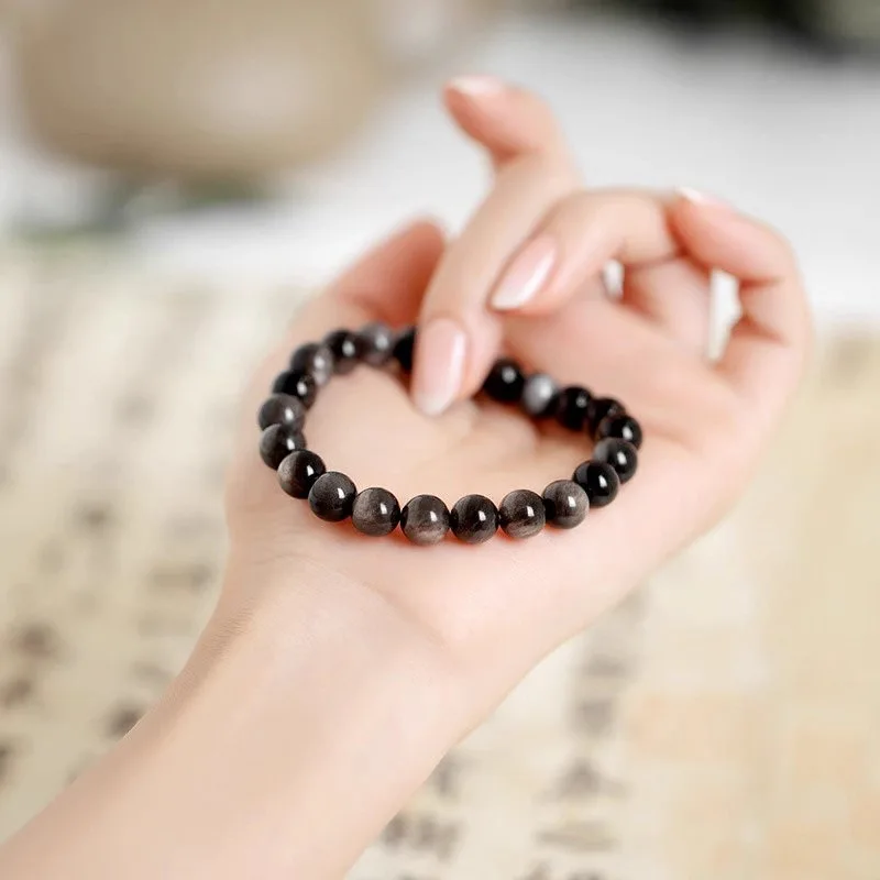 Silver&Gold Obsidian Beads Stretch Bracelets 6-14mm Natural Stone For Man Woman Round Classic Bracelets&Bangle Lucky Jewelry