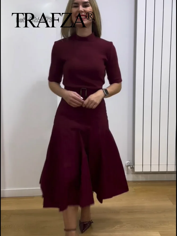 TRAFZA 2024 Female Casual Slim Long Dresses Solid O-Neck Half Sleeves Belt Decoration Winter Long Dresses Woman Elegant Trends