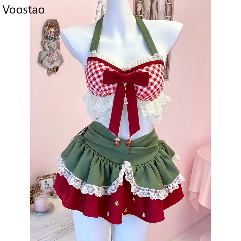 Conjunto de 2 piezas de estilo Lolita para mujer, Tops cortos con cuello Halter de encaje con lazo Kawaii, minifalda de pastel, traje de playa coreano Y2k