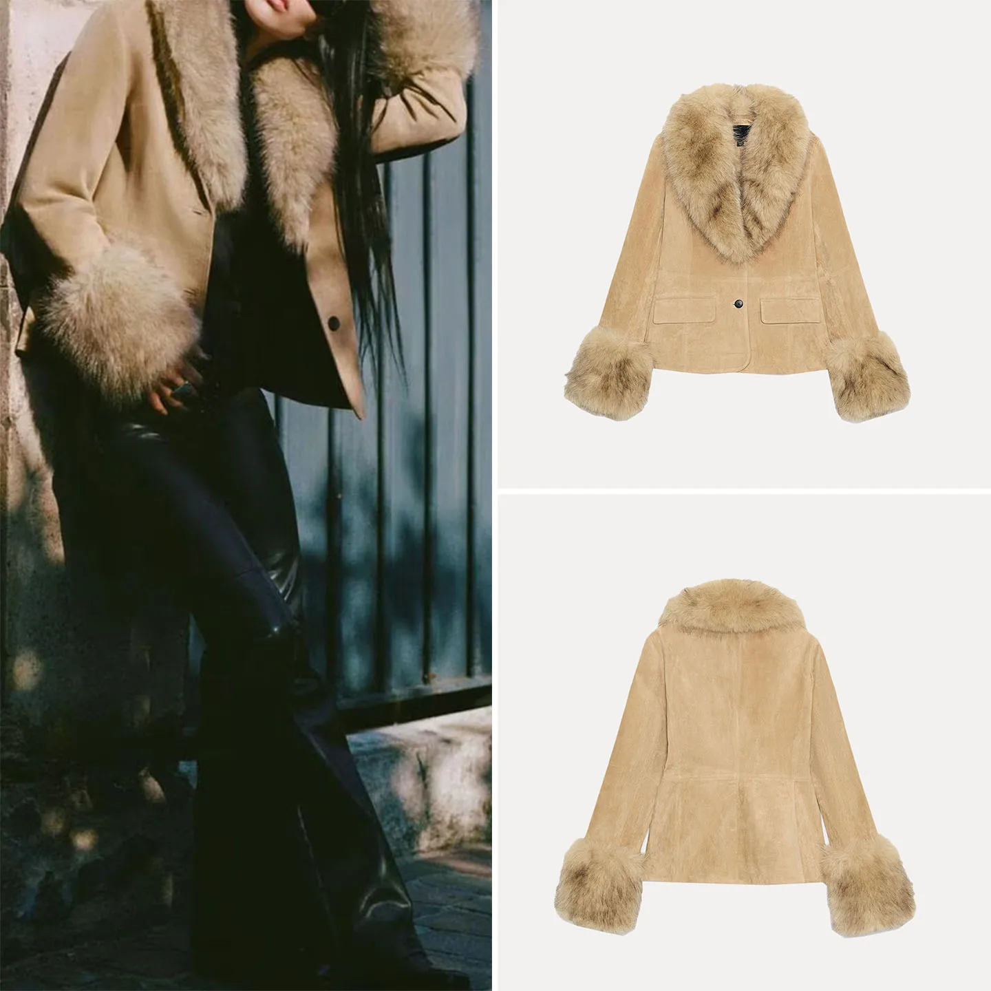 

Z Women's Faionable Detachable Fur Collar Suit Casual Sle Personali Quali Long Sve Single Button Closure Coat