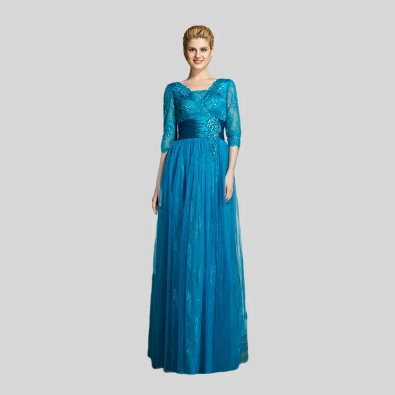 

Blue Mother Of The Bride Dresses A-line Half Sleeves Tulle Lace Beaded Plus Size Long Groom Mother Dresses For Wedding