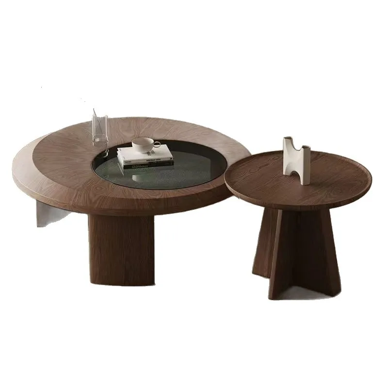 

Modern simple walnut color coffee table combination round glass designer creative Italian living room home coffee table