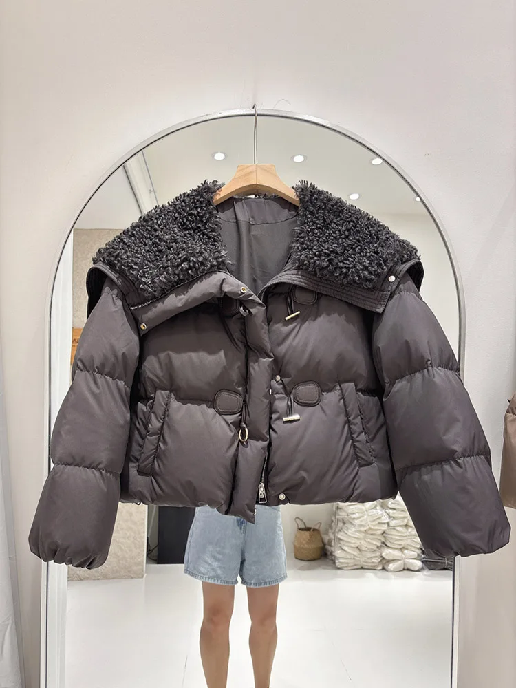 Winter new lamb down jacket women's short style cow horn buckle fashionable versatile white duck down splicing jacket