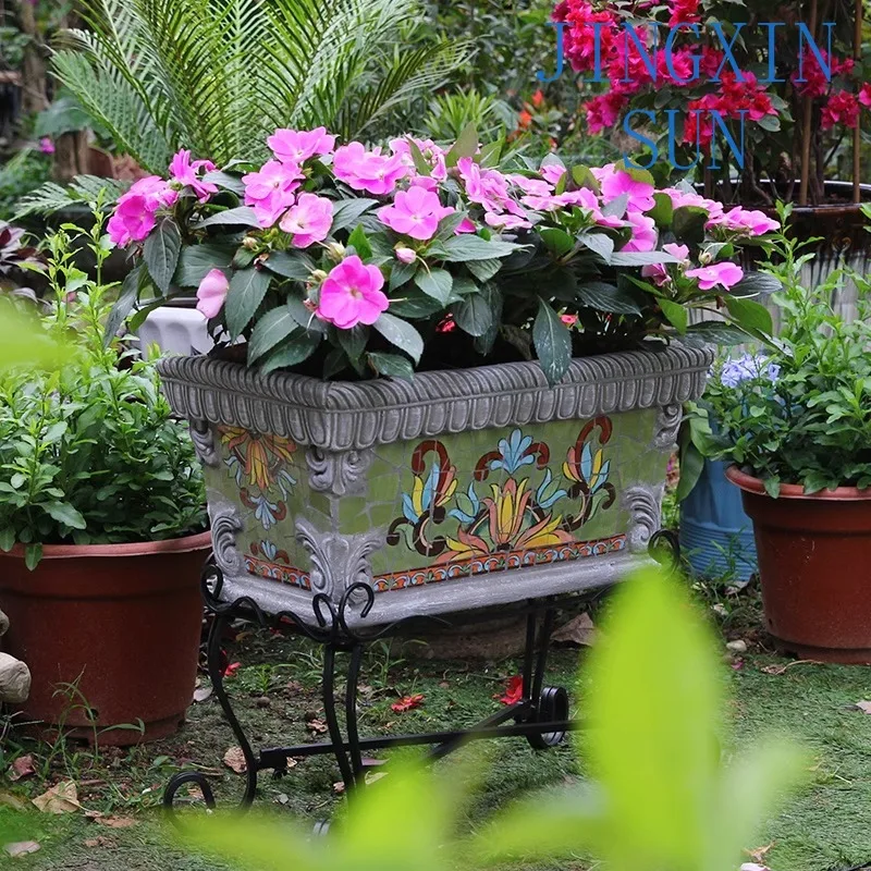 Outdoor ceramic mosaic wrought iron floor-to-ceiling rectangular flower pot large flower tank large, indoor  outdoor
