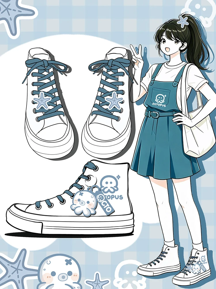 Amy und Michae Kawaii Damen-High-Top-Sneaker aus Segeltuch, niedlicher Oktopus-Cartoon, flache Sohle, Schnürung, tägliche Street-Freizeitschuhe für Mädchen – Detail 3