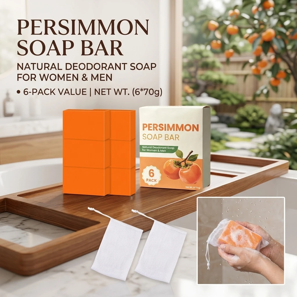 6-Pack Handmade Toilet Soap with Dense Foam Persimmon Deodorizing Odor Removing Fragrance for Deep Body Cleansing