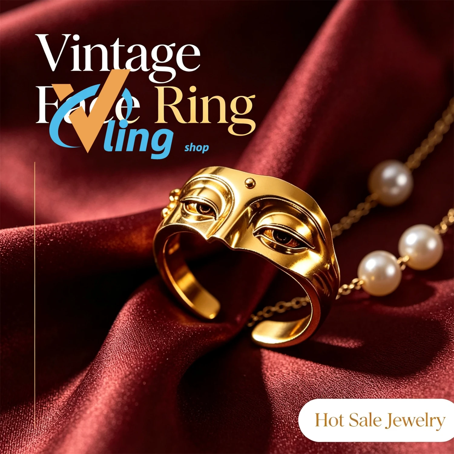 Vintage Face Sculpture Open Ring Gold Plated Mysterious Mask Statement Ring Personality Jewelry Gift for Women Men Party Daily W
