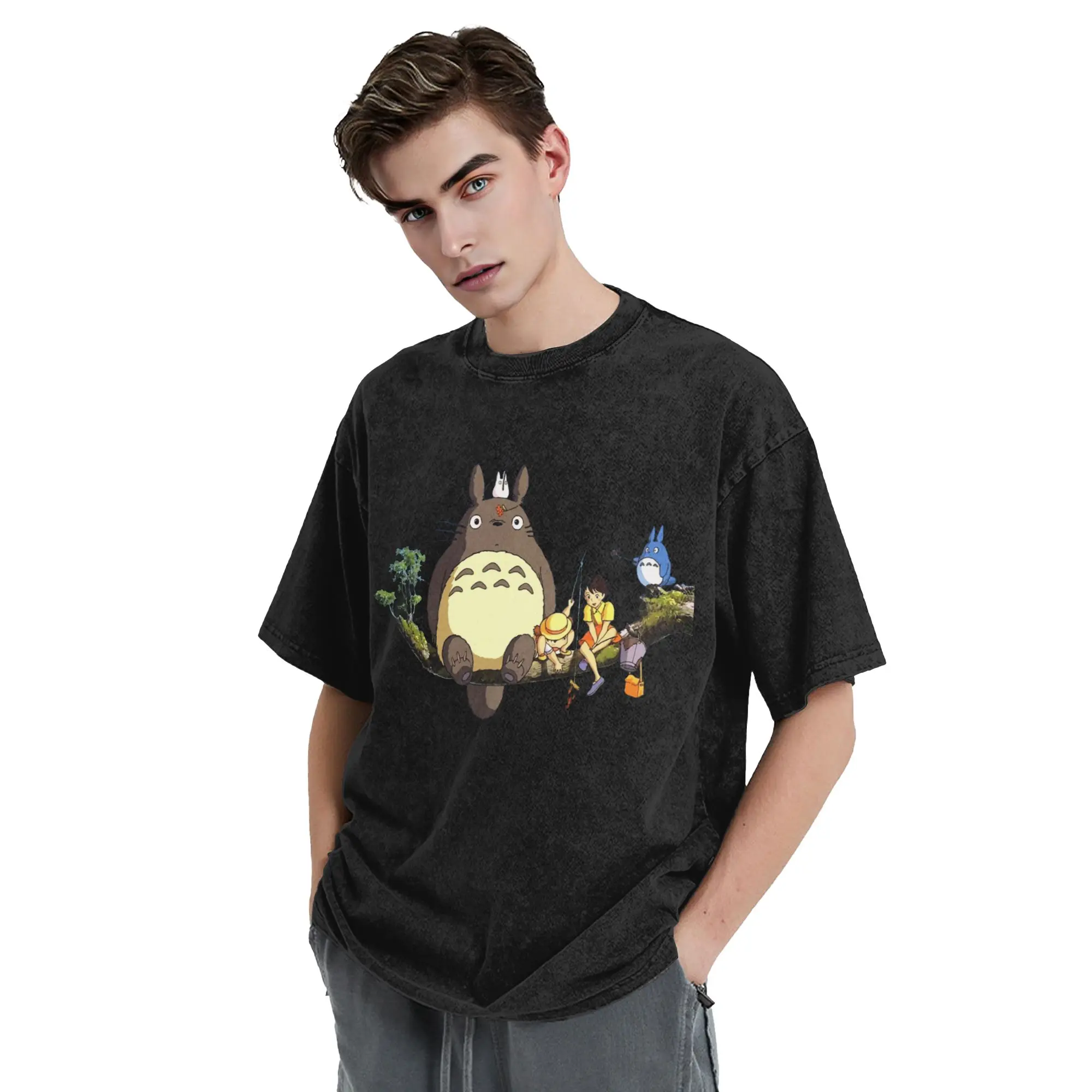 Totoro-Miyazaki Anime T Shirts Hip Hop Washed 100% Cotton Harajuku T-Shirts  Retro Men Women Tops Streetwear Summer Tee Shirt view 3