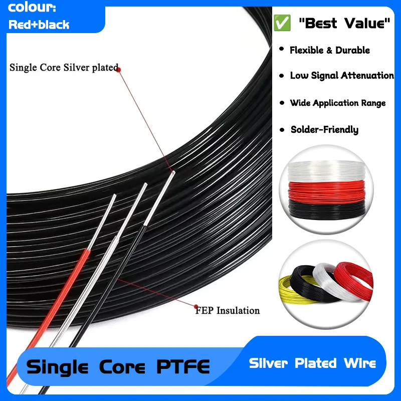 

High Purity OFC Copper Wire HiFi Audio Speaker Headphone Line Black Red Single Core PTFE Wire FEP Insulation Silver Plated Cable
