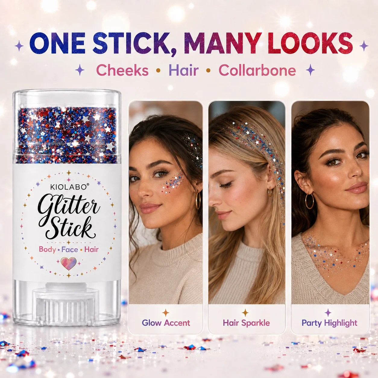 16g Star Sequins Glitter Stick, Multi Use Sparkling Gel Makeup for Face Hair Body Party
