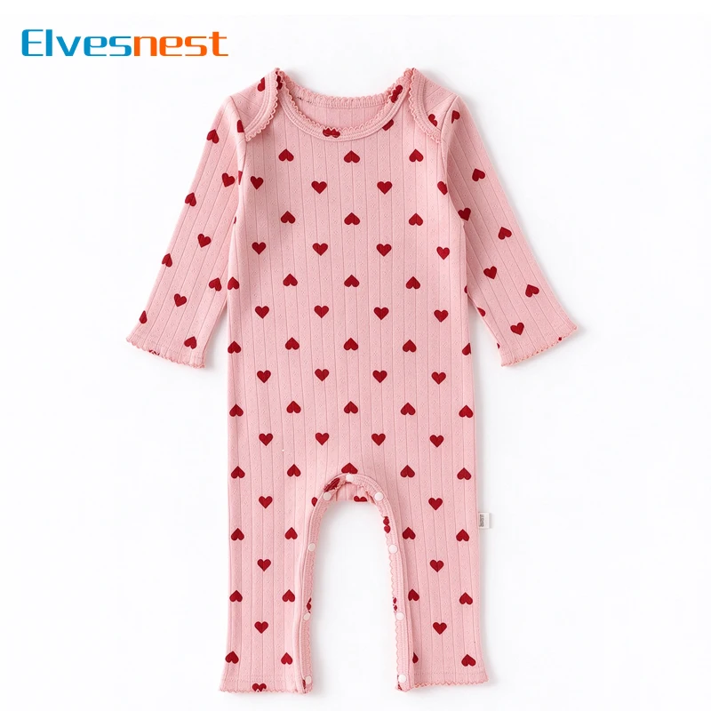Baby Girl Long Sleeve Romper 0-2 Years Pink Heart Print Ribbed Knit Infant Jumpsuit Trim Newborn Bodysuit Toddler Outfit