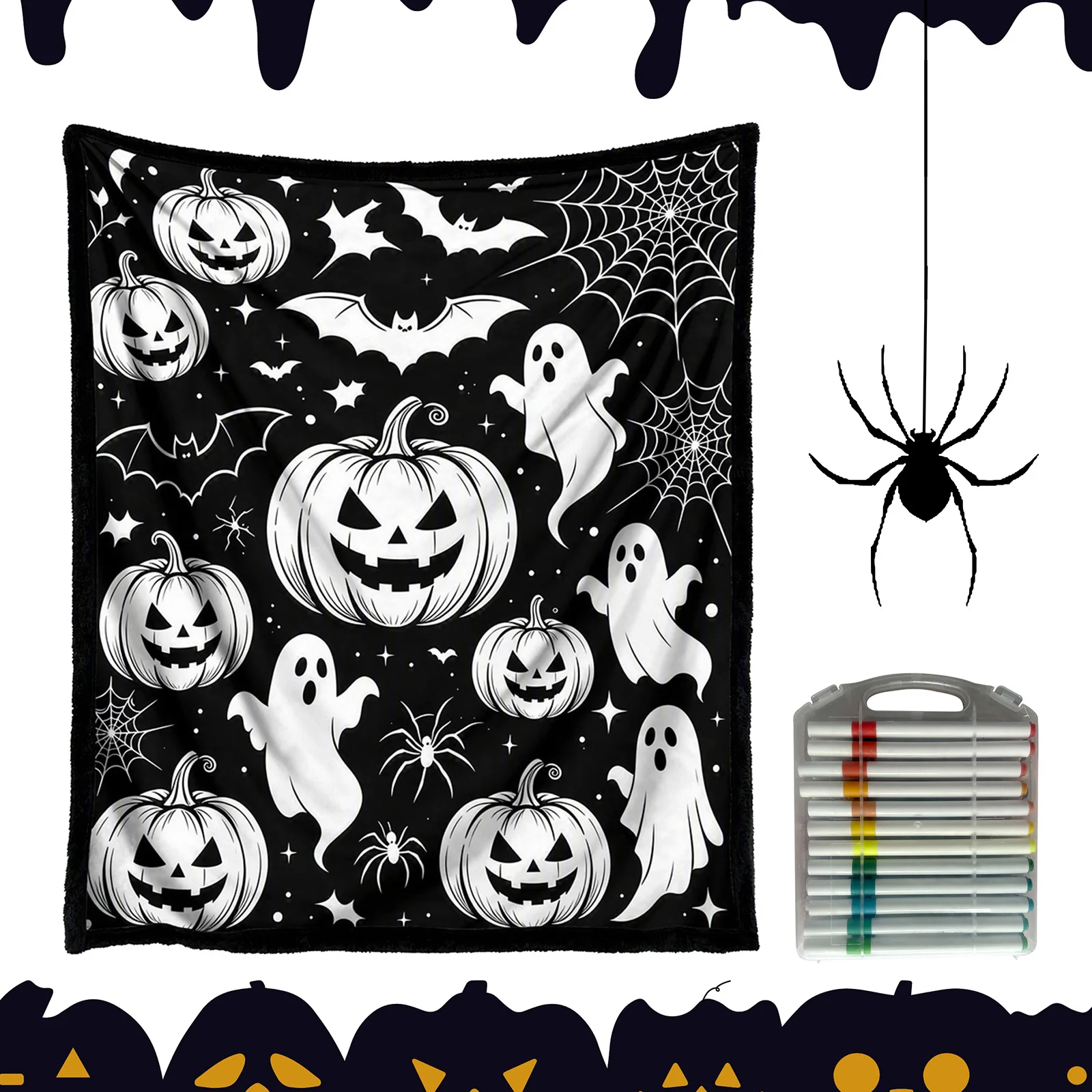 Creative Art Fabric Blanket with 24Pcs Colored Pens Halloween Themed Blanket 50x60 Inch for Bedroom Study Classroom Living Room