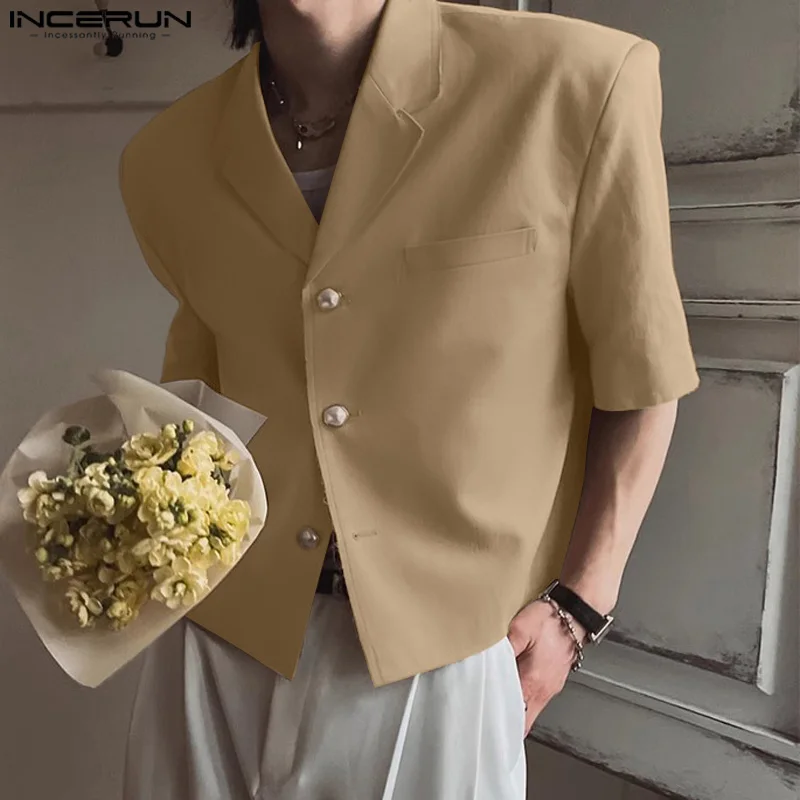 2024 Men Blazer Solid Color Lapel Short Sleeve Button Elegant Casual Suits Men Streetwear Leisure Fashion Thin Coats INCERUN