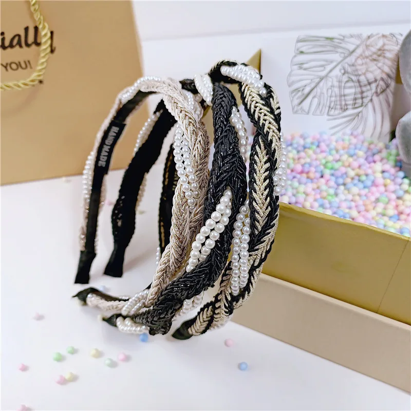 French Pearl Braided Bezel Hair Band Elegant Women\'s Pure Color Pleated Headband Fashionable Girl\'s Hair Hoop Hair Accessories