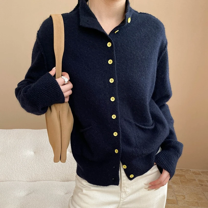 

Women Knitted Cardigan Sweaters Solid Jumper Pocket Stand Collar Long Sleeves Single Breasted Loose Casual 2025 Autumn Winter