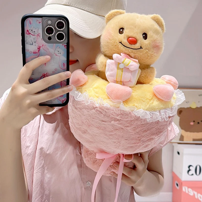 

Hot Hand-held Flower Butter Little Bear Plush Toy Stuffed Animal Soft Doll Plushi Pillow Creative Wedding Bouquet Valentine Deco