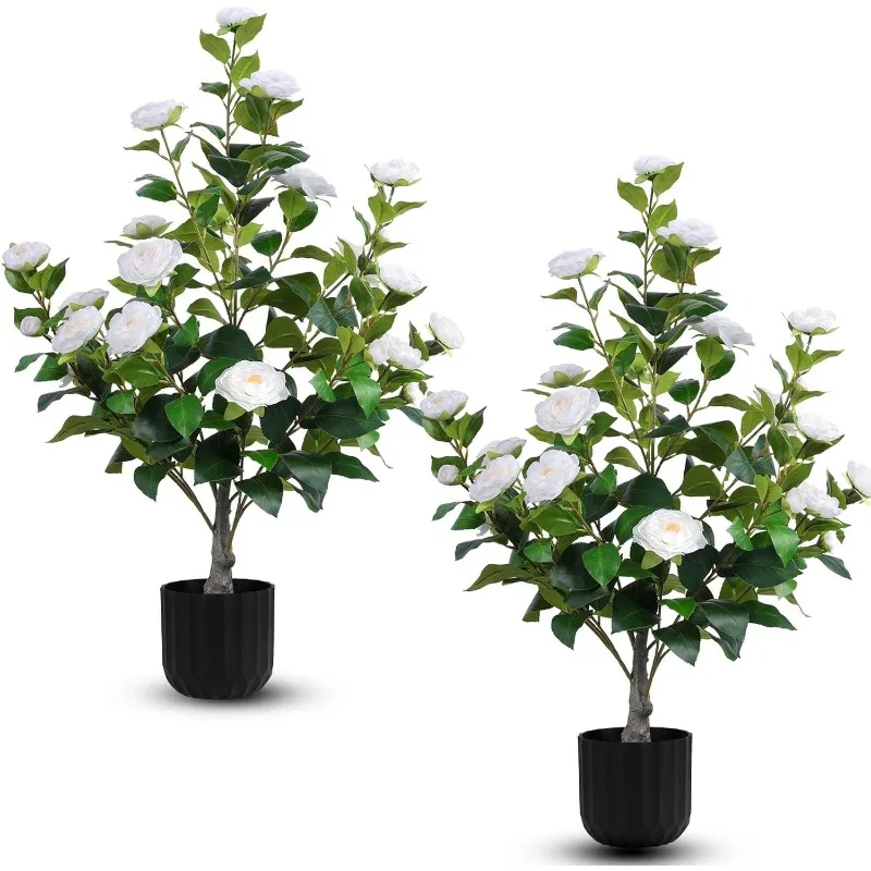 2 uds árboles de Camelia artificiales planta de Camelia sintética en maceta con flores plantas de interior para decoración del hogar de primavera Por al aire libre