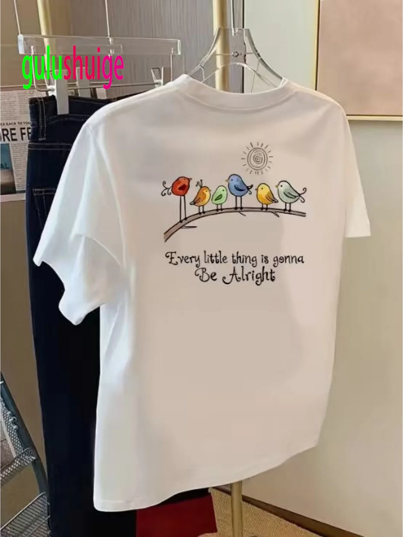 Women's Casual T-Shirt with Every Little Thing Is Gonna Be Alright Bird Print Double-Sided Front and Back Funny T Shirt Clothes