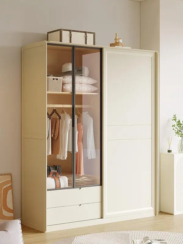 Solid wood wardrobe sliding door Modern simple household two-door storage locker