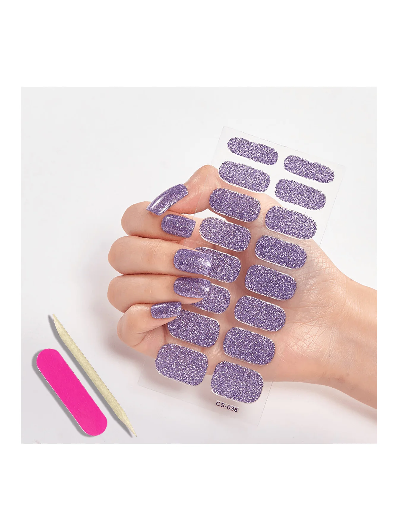 18-Piece Nail Polish Strips Set, Including 16 Nail Stickers, 1 Nail File, 1 Wooden Stick, Pink Glitter Self-Adhesive Gel Nail Stickers, Suitable for Women's Home DIY Personal Nail Care Supplies and Nail Kits