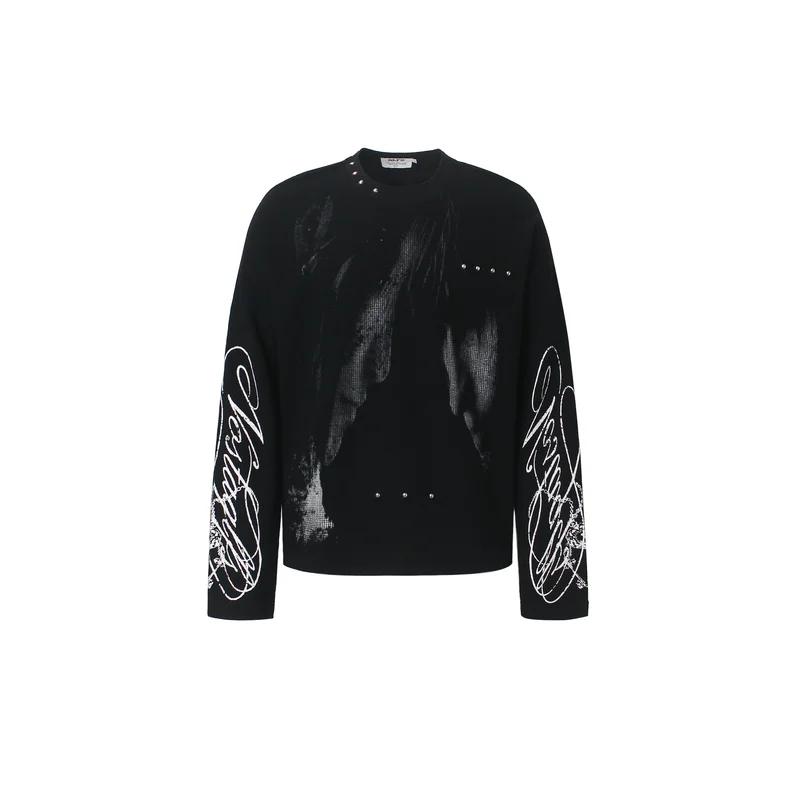 Men's Black Graphic Knit Sweater Y2K Streetwear Long Sleeve Pullover Studded Distressed Gothic Casual Top With Rivets