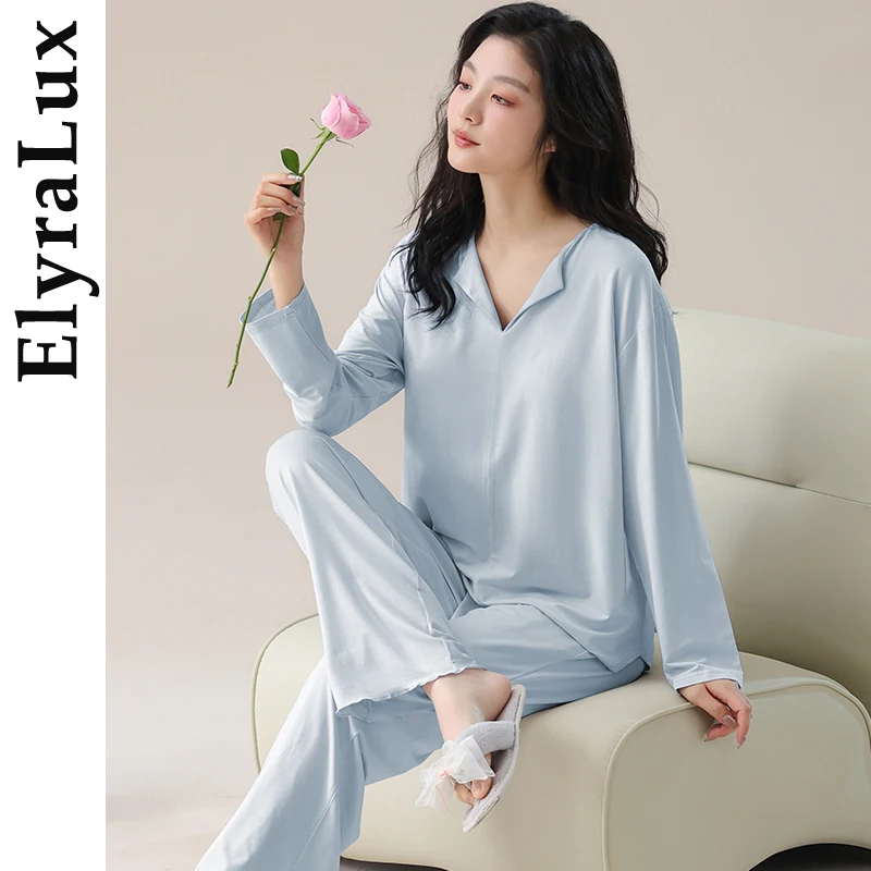 

ElyraLux 2025 New Modal Long Sleeve Spwear Set Women's Home Clothes Comfortable Soft Pure Color Spring Autumn Home Wear Blue