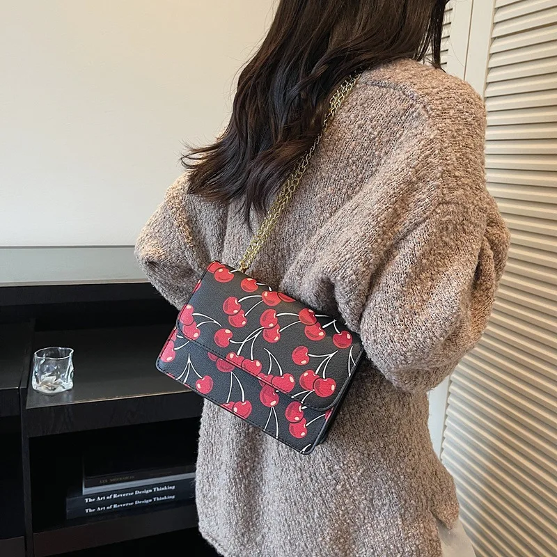 

2025 Cherry Print Crossbody Bag Vegan Leather Mini Square Bag Color Block Y2K Inspired Adjustable Strap