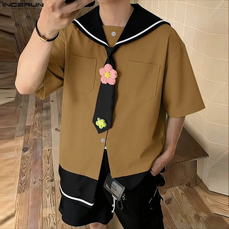 Incerun camisa masculina retalhos gola marinha manga curta solta roupas masculinas com gravata streetwear cor-bloco moda casual masculino topos