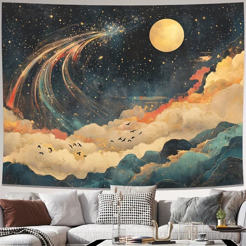 Dreamy Starry Sky Moon Cloud Tapestry, Machine Washable Polyester Wall Hanging, Bedroom Living Room Aesthetic Decor