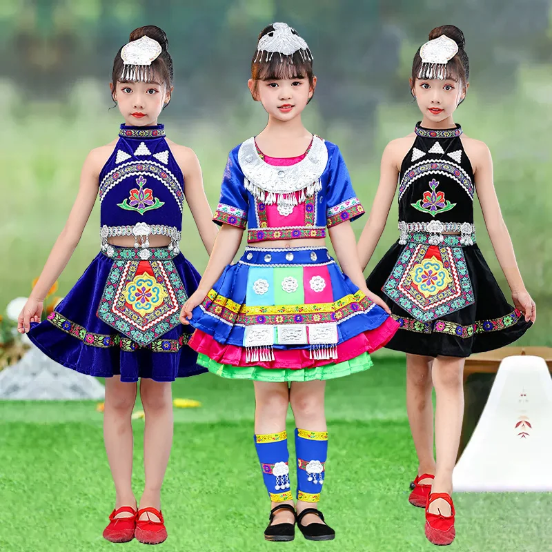 Children's performance costumes, ethnic minority costumes, Zhuang girls, Hongshanguo, Yi, Yao, Miao dance costumes, blessings