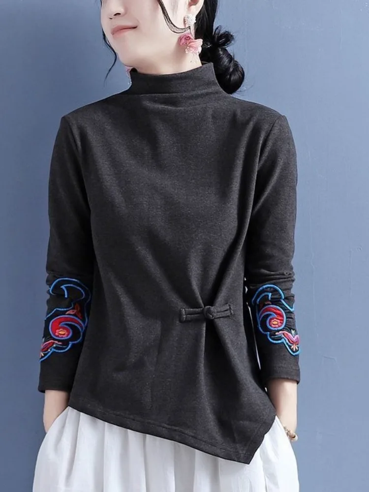 Autumn Winter Fleece Half High Collar Embroidered Patchwork Long Sleeve Base Shirt Vintage  Stitching Coat for Women