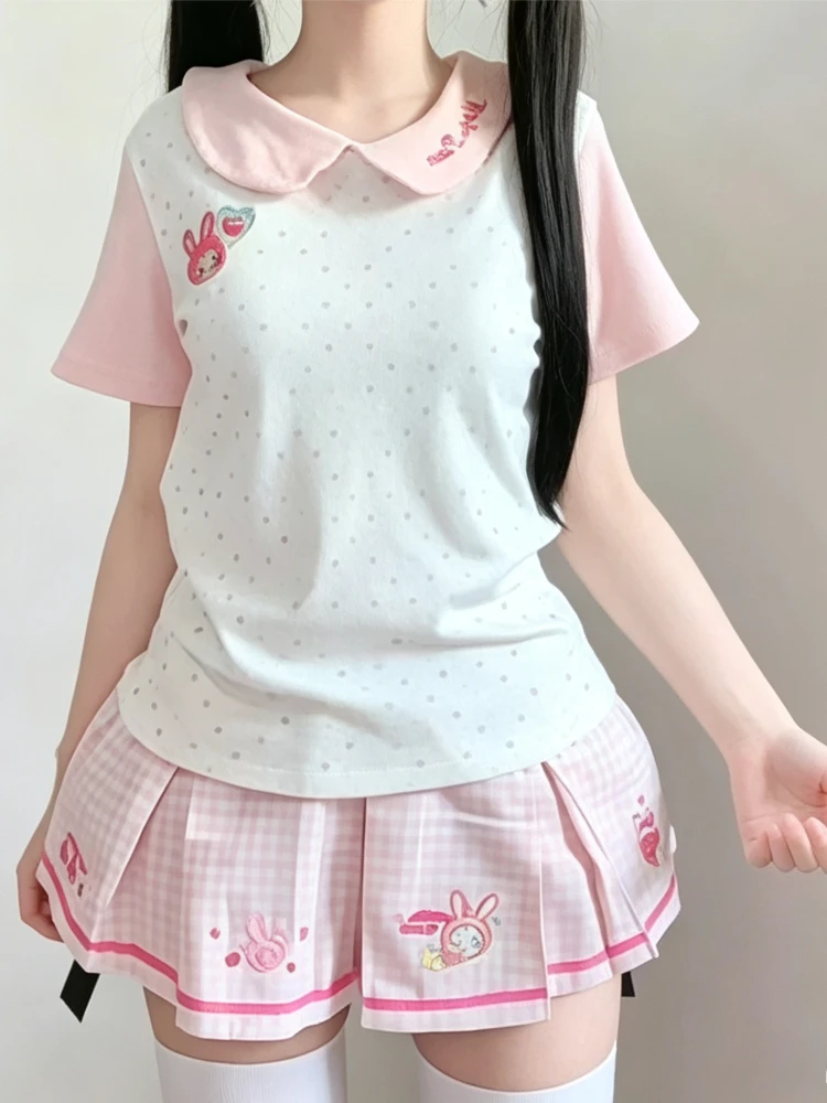 Women Y2k Harajuku 2 Piece Skirt Set Cute Cat Print Top Bow Ornament Ruffle Cake Mini Skirt Sweet Aesthetic Daily Wear Outfit