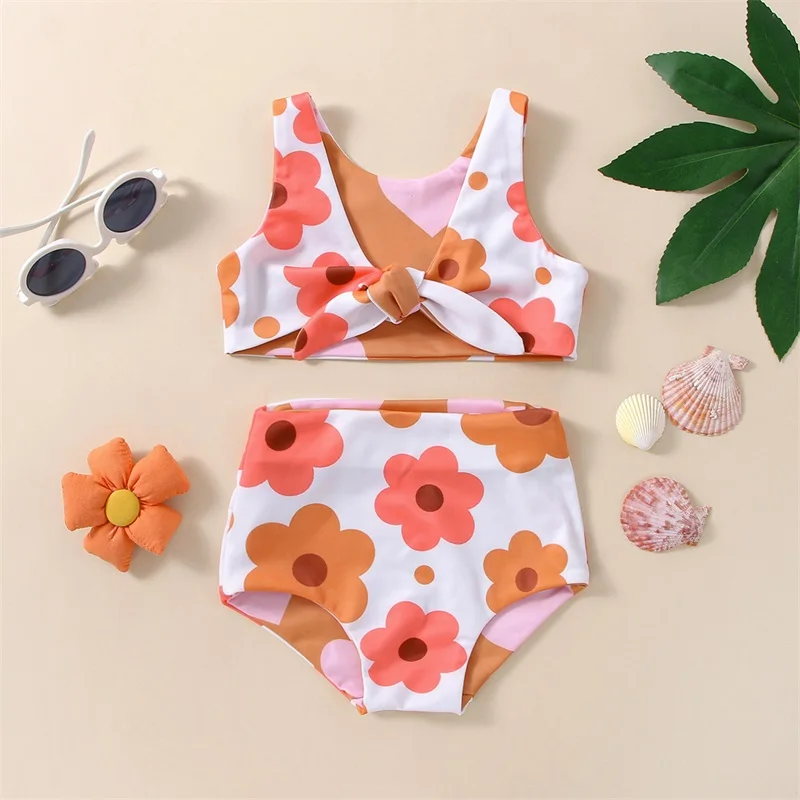 SUNSIOM Newborn Baby Girl Swimwear Reversible Floral V neck Lace-up Crop top High Waist Shorts Swimsuit Bathing Two Piece Set