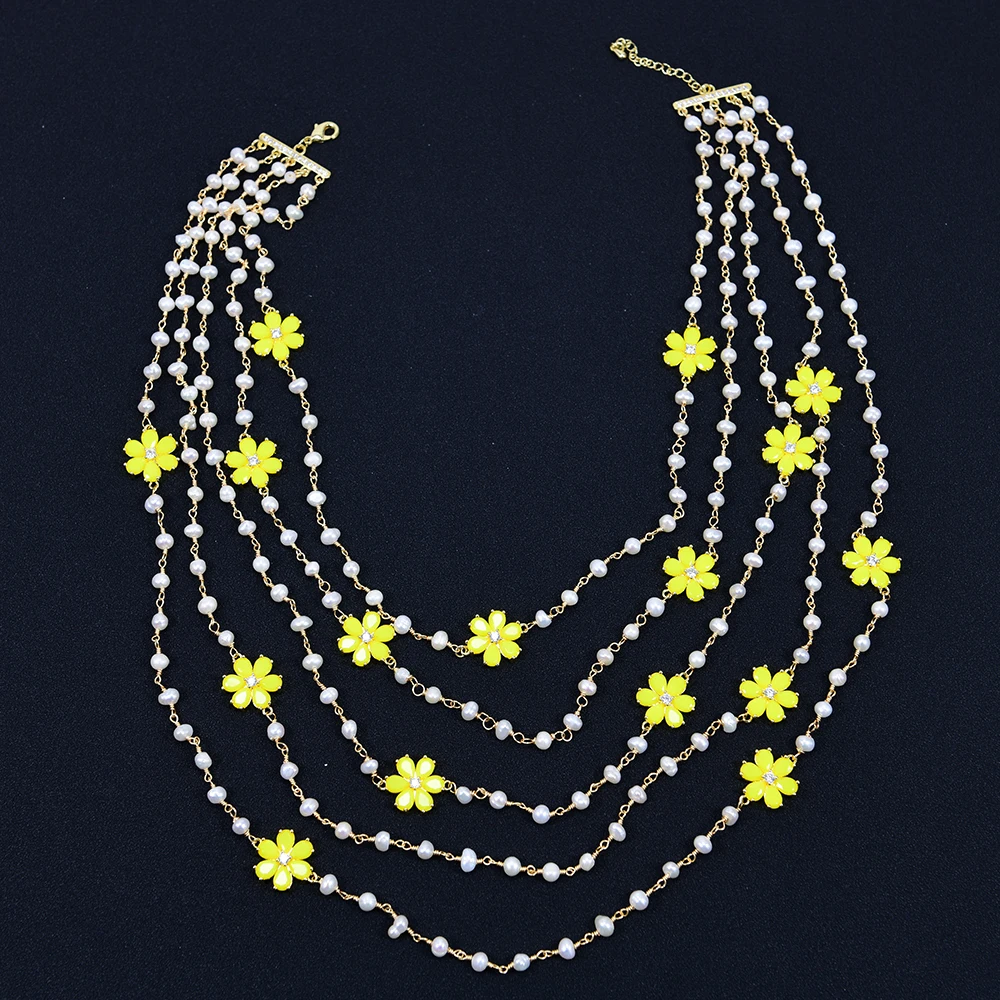 G-G 5 Rows Natural White Pearl Chain Necklace Gold Plated Yellow Jade Crystal Pave Flower Connector Fashionable Jewelry