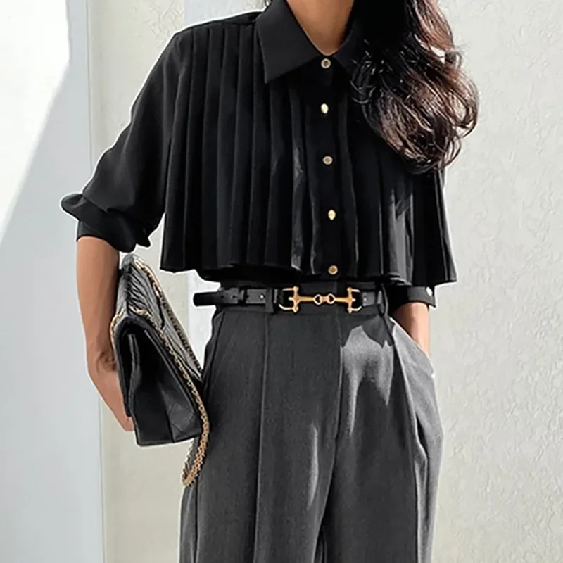 

Pleated French White Shirt for Women Black Solid Color Long Sleeve Chiffon Lapel Top With Buttons Commuter Office Ladies Clothes