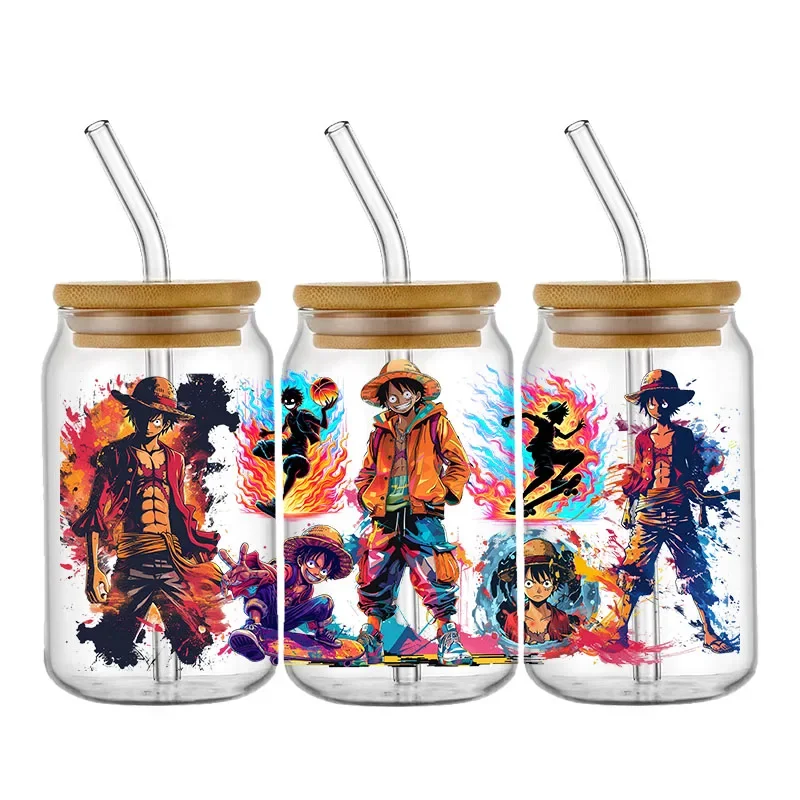 Autocollant de transfert rond de tasse UV DTF, décalcomanies personnalisées, dessin animé japonais, Luffy, boîte en verre de 16oz, auto-adhésif, étanche