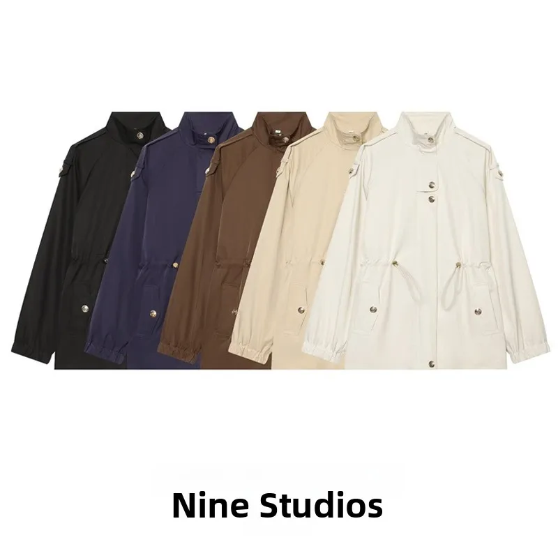 Women's Stand Collar Drawstring Button Detail Waist Cinching Jacket Coat Top Long Sleeve Short Length Single Button Closure