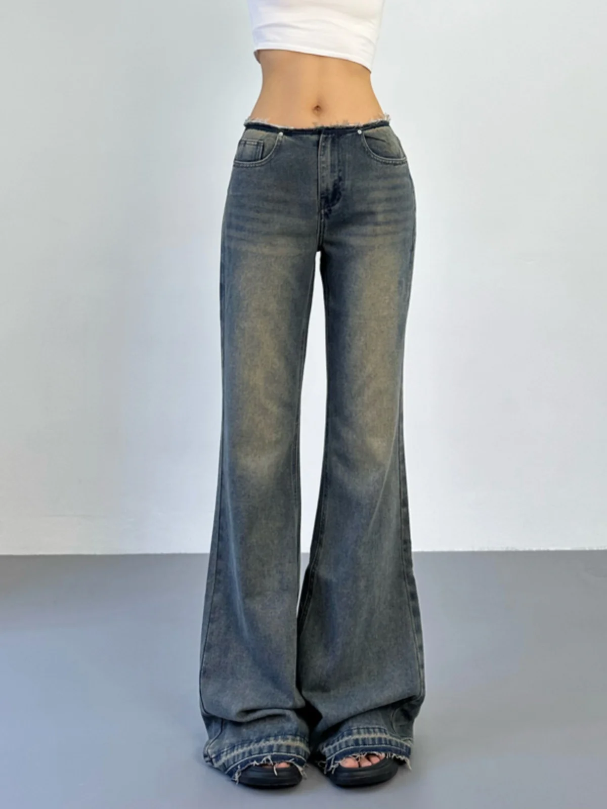 

American Retro Low Waist Frayed Jeans Women's Straight Leg Floor-Length Slimming Pants Spring Summer New Sle Spicy