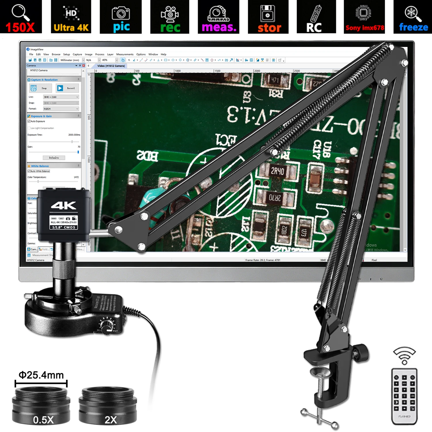 Microscopio Digital Electrónico KUAIQU 4K 150X, Microscopio de Soldadura con Lentes 0.5X 2X, Sensor imx678 de 1/1.8'', Software Multifuncional