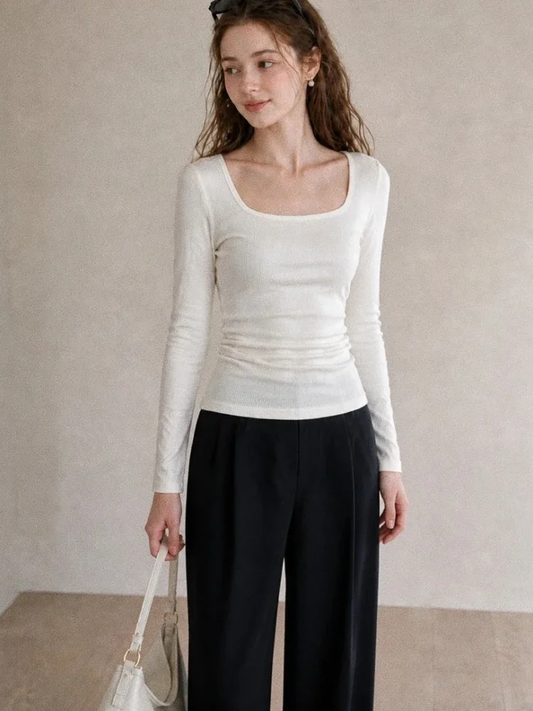 zjaiss Pleated Slim Solid Long Sleeve Women T-shirt 2026 Autumn New Korean Style Square Neck Tee Simple Versatile Cotton Top