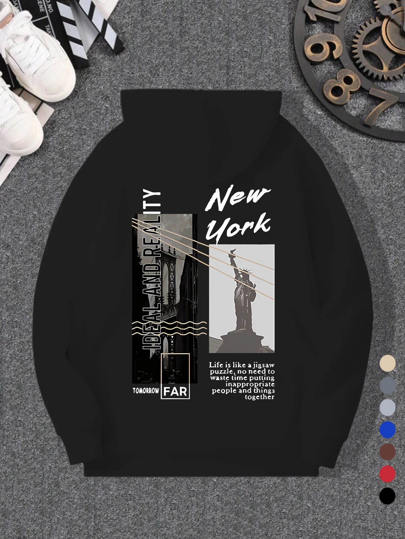 New men's New York City-style printed hooded sweatshirt with Statue of Liberty and Brooklyn Bridge patterns on the collar.