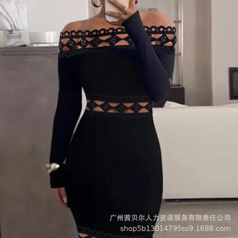 2024 Dames Effen Haak Bloem Holle Lange Mouwen Slash Hals Midi Bodycon Formele Party Zwarte Jurk
