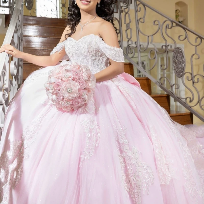 

Pink Shiny Ball Gown Quinceanera Dresses Sequin Applique Lace Beading Crystal Tull Corset Off The Shoulder Sweet 16 Dress vestid