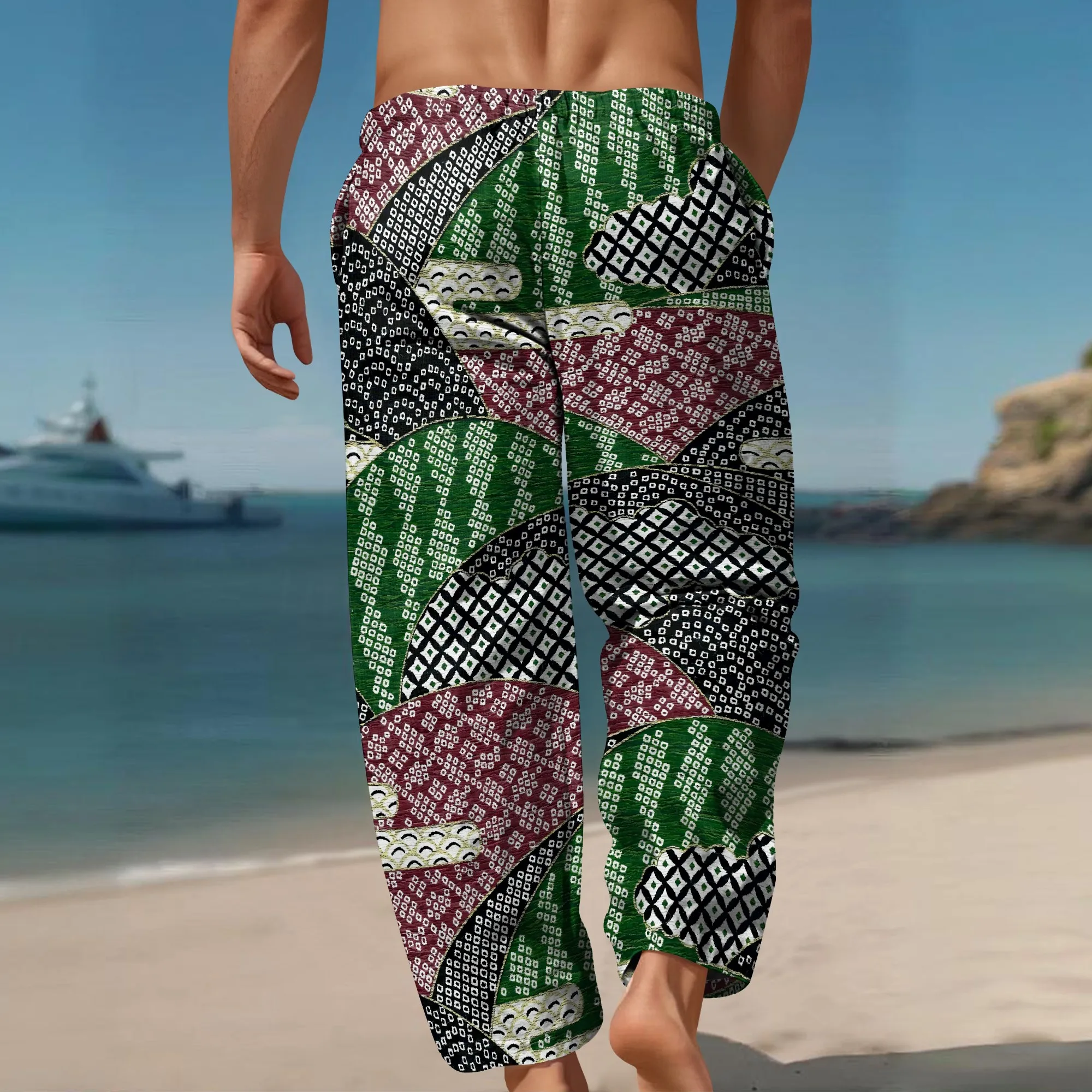 YEAE Geometric Patchwork Print Pants for Men Summer Casual Loose Drawstring Trousers